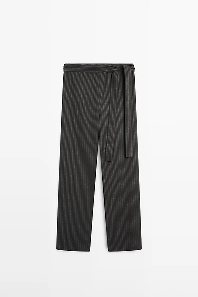 Striped trousers with wrap-style bow detail