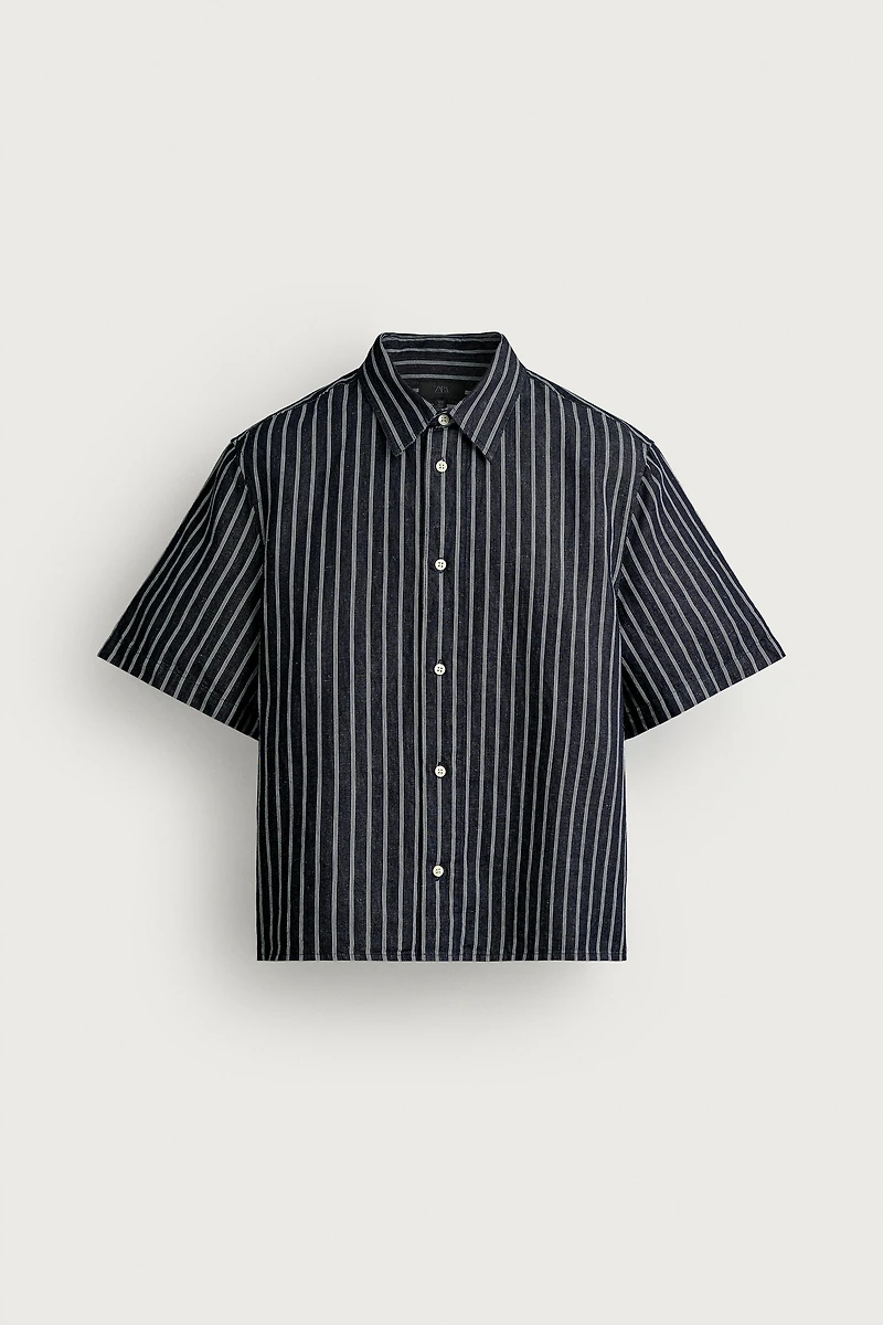 STRIPED COTTON-LINEN DENIM SHIRT