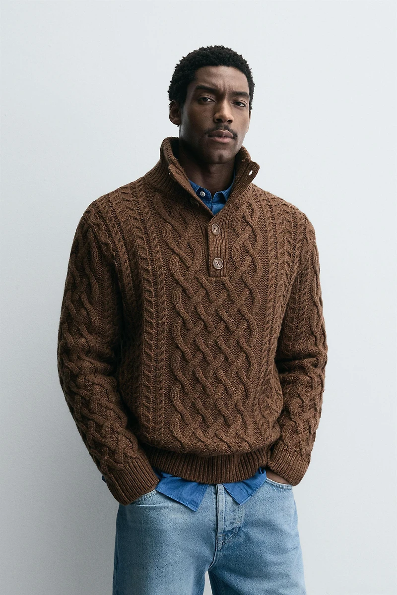 CABLE KNIT HENLEY SWEATER
