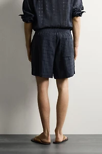 LINEN COTTON BLEND CHECKERED JACQUARD SHORTS
