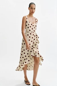 LINEN BLEND POLKA DOT MIDI DRESS