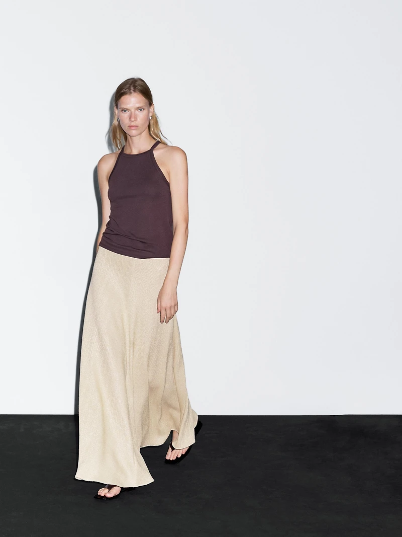 Long herringbone cotton blend skirt