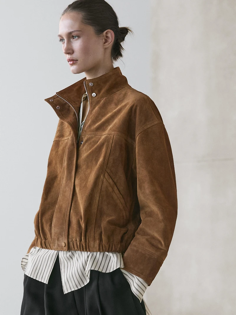 Blouson bomber court en cuir daim