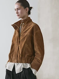 Blouson bomber court en cuir daim