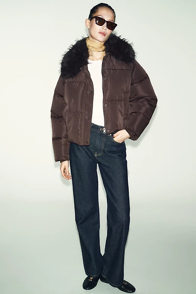 FAUX FUR LAPEL QUILTED BOMBER JACKET