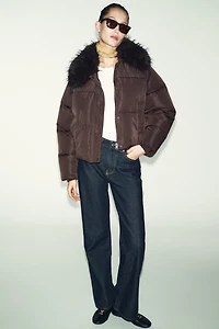 FAUX FUR LAPEL QUILTED BOMBER JACKET