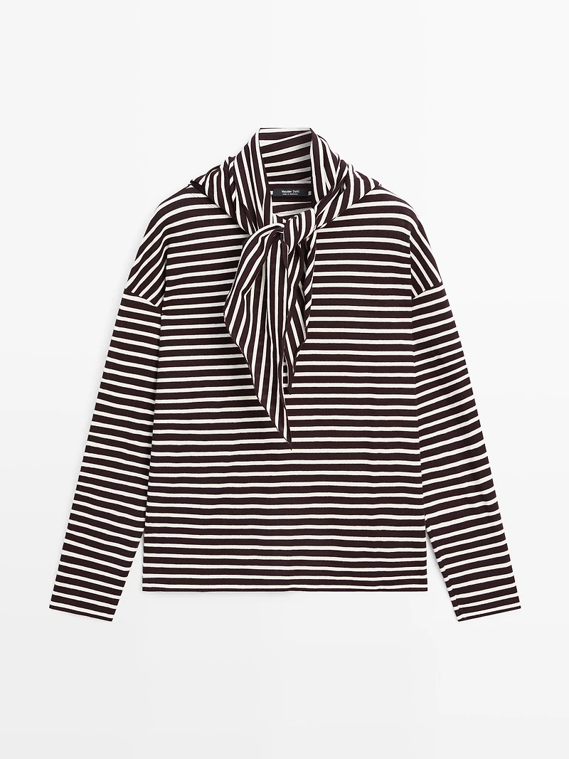 Cotton blend striped T-shirt with scarf detail