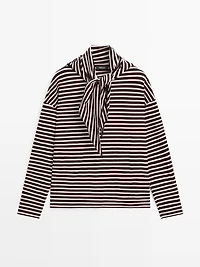 Cotton blend striped T-shirt with scarf detail