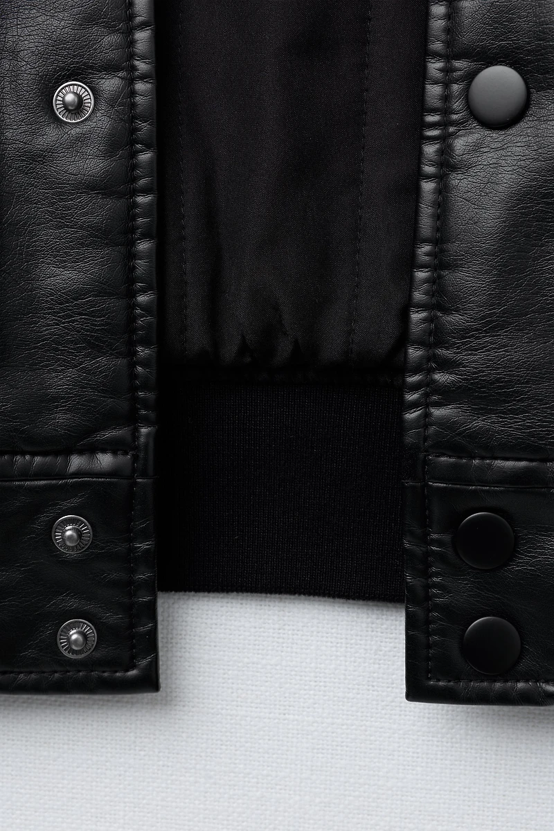 FAUX LEATHER BOMBER JACKET WITH EMBROIDERED TEXT