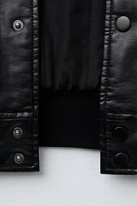 FAUX LEATHER BOMBER JACKET WITH EMBROIDERED TEXT