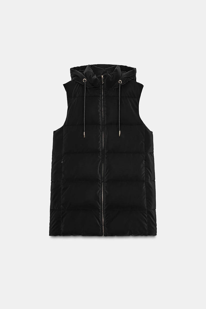 GILET LONG MATELASSÉ À CAPUCHE