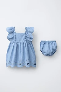 EMBROIDERED DENIM DRESS AND PANTIES