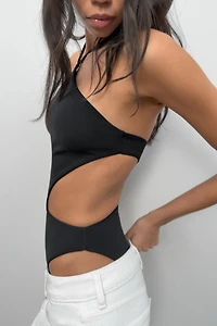 STRETCH KNIT HALTER CUT-OUT BODYSUIT
