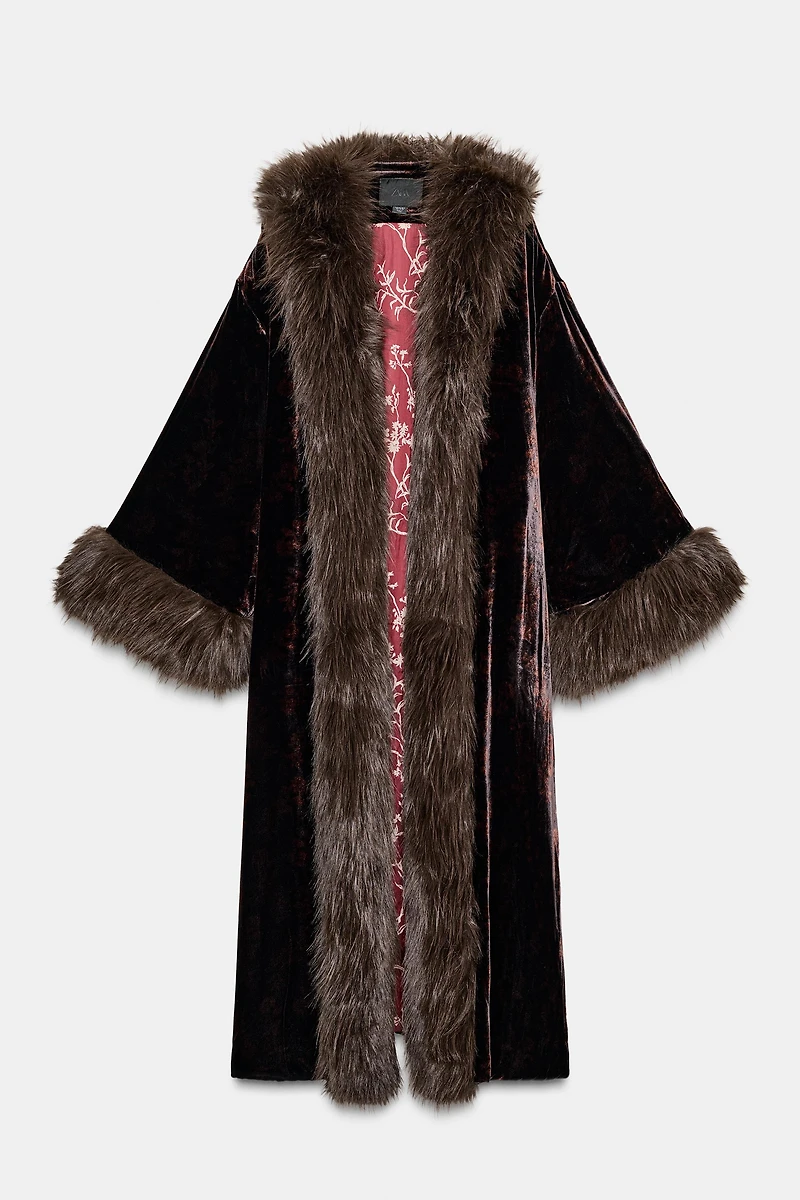 FAUX FUR PRINT VELVET COAT