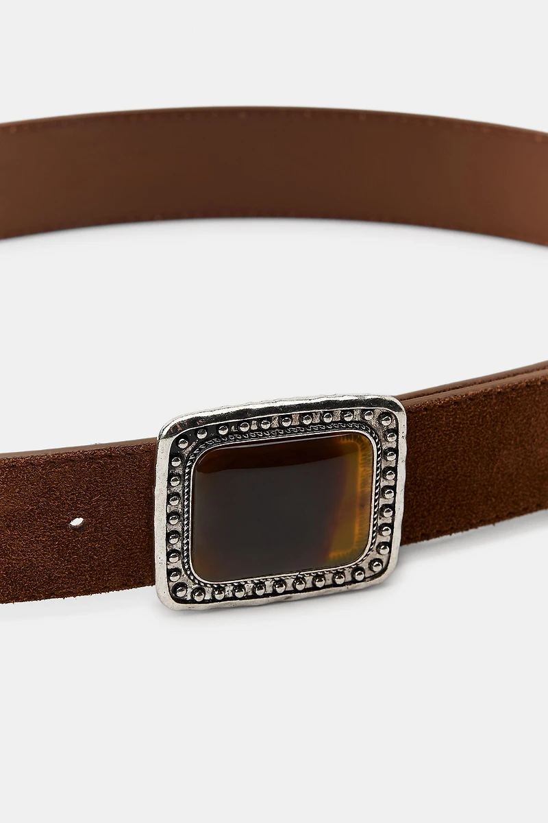 100% SUEDE LEATHER BELT WITH STONE BUCKLE