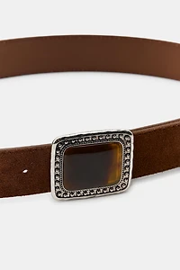 100% SUEDE LEATHER BELT WITH STONE BUCKLE