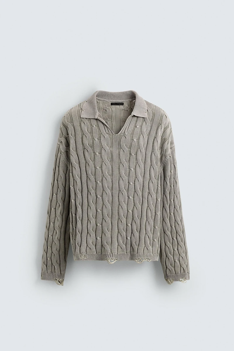 DISTRESSED BRAIDED TEXTURED POLO SHIRT