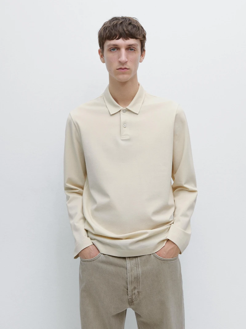 Long sleeve mercerised cotton piqué polo shirt