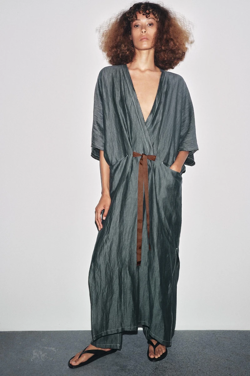 CONTRAST TIED LINEN DRESS