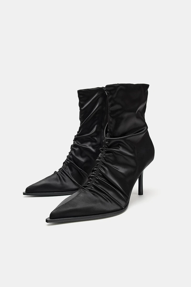SATIN-EFFECT RUCHED HEELED ANKLE BOOTS