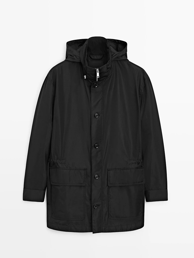 Hooded parka with fabric detail