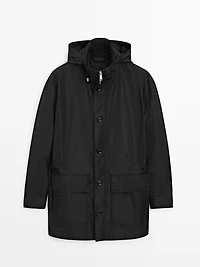Hooded parka with fabric detail