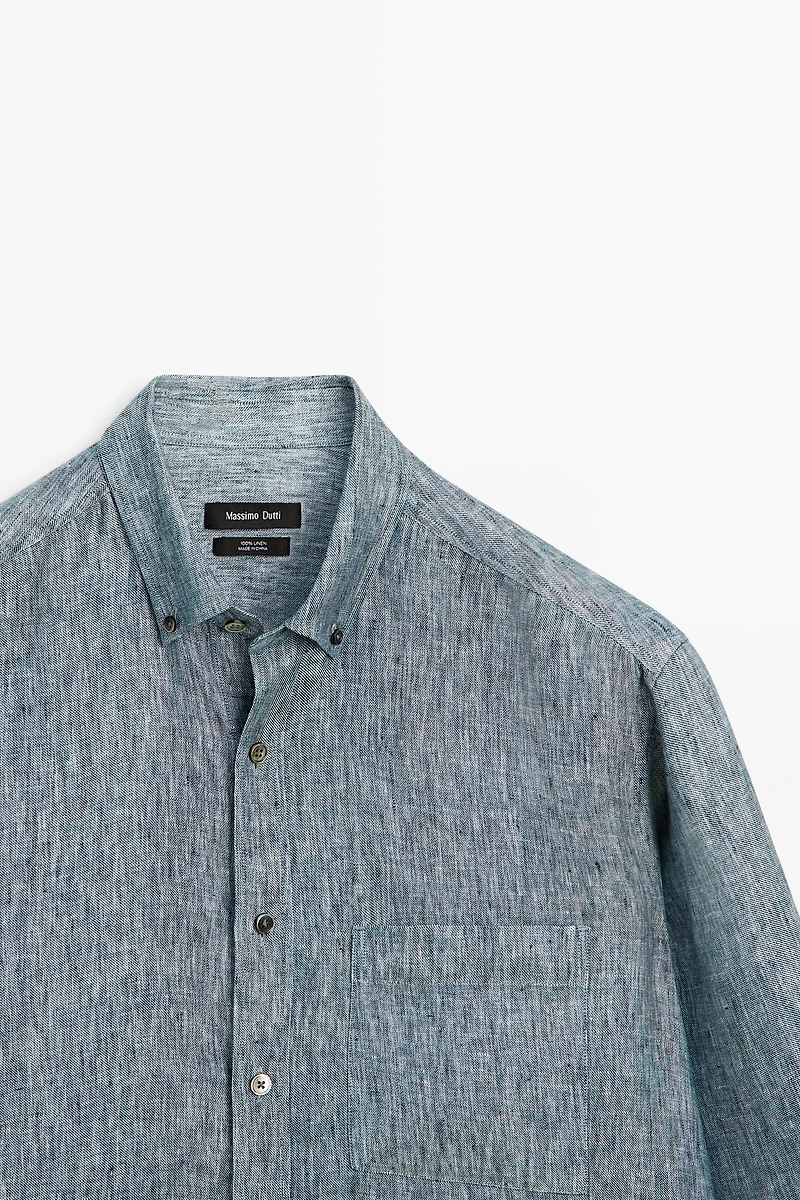 Regular fit melange twill 100% linen shirt