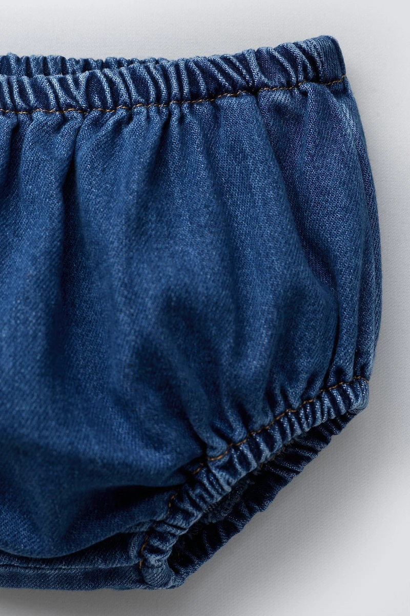 RUFFLE DENIM PINAFORE DRESS AND SHORTS