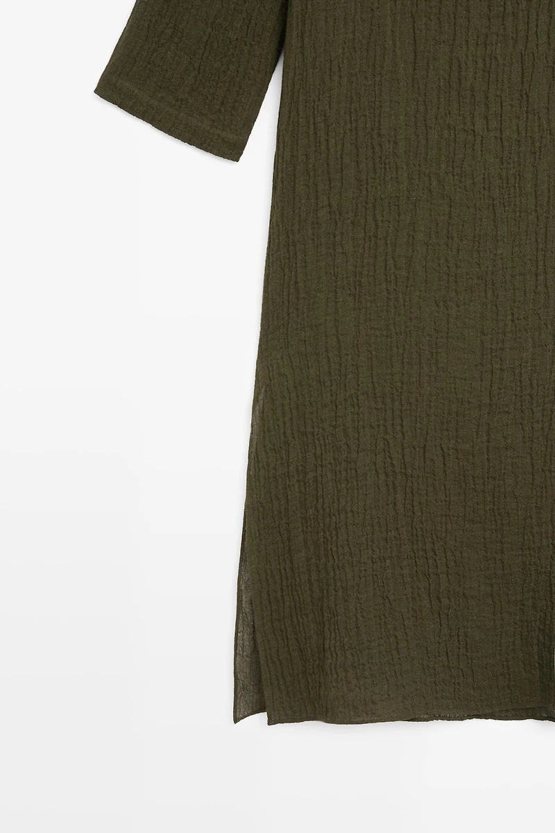 Linen blend waffle-knit shirt dress