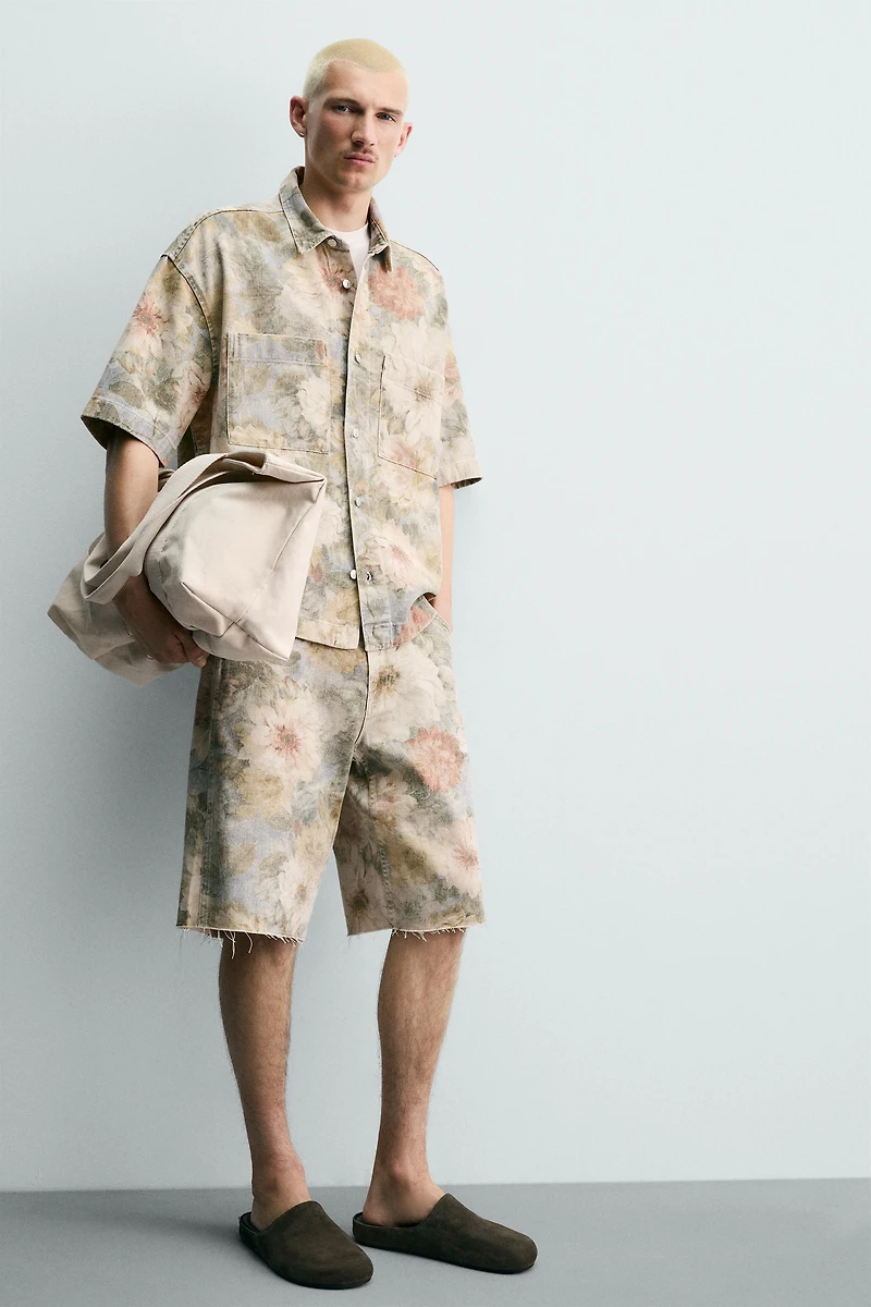 WASHED FLORAL PRINT RELAXED FIT SHORTS