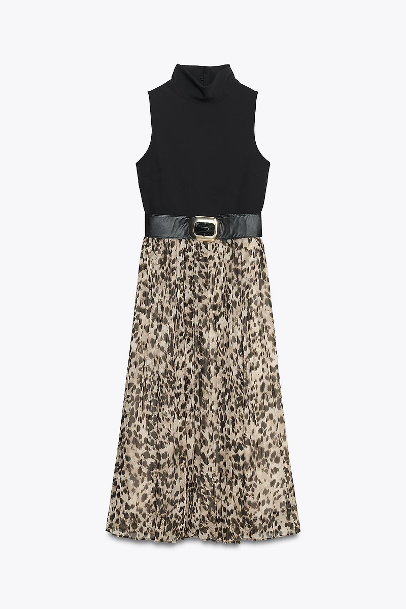ANIMAL PRINT COMBINATION MIDI DRESS WITH BELT