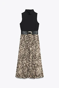 ANIMAL PRINT COMBINATION MIDI DRESS WITH BELT