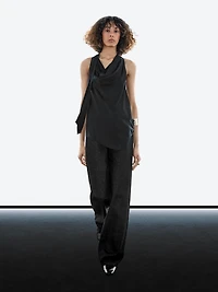 Silk blend top with cowl neck and tie