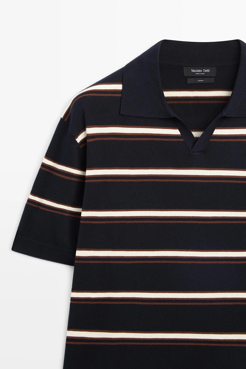 Striped V-neck knit polo shirt