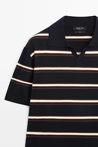 Striped V-neck knit polo shirt