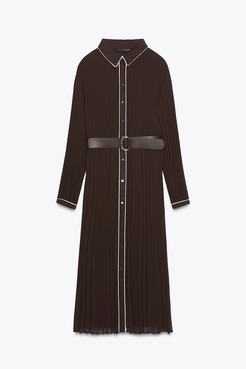 BELTED PLEATED MIDI DRESS