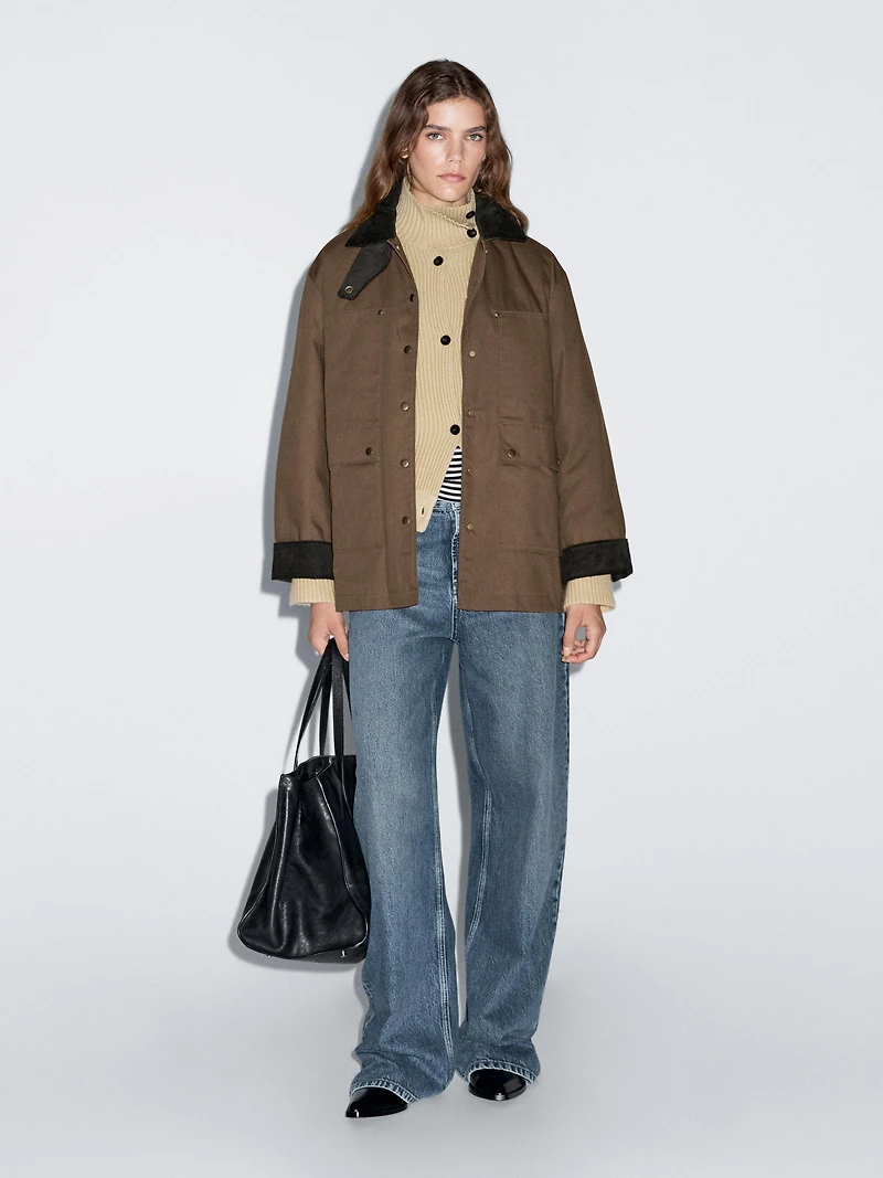 Waxed parka with corduroy detail