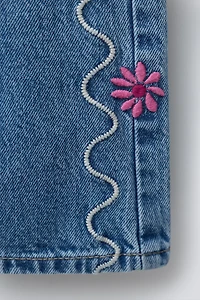 WAVY & FLORAL EMBROIDERED DENIM OVERALLS