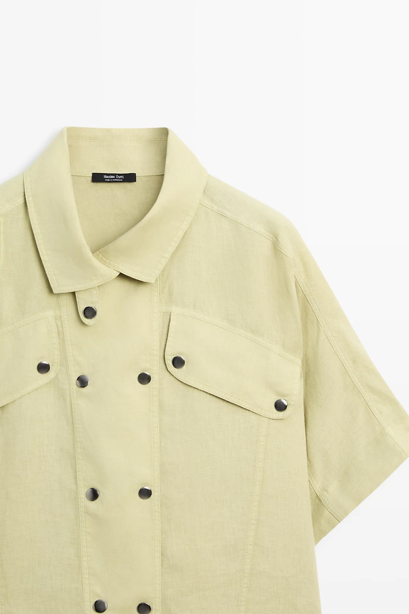 Short sleeve linen snap button shirt