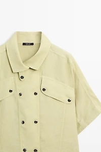 Short sleeve linen snap button shirt