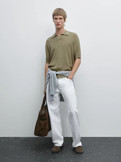 Polo en maille ajourée à col V