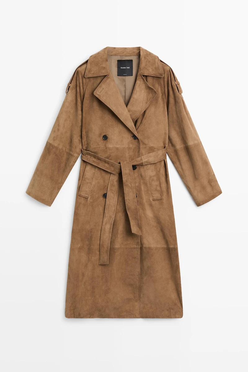 Long suede leather trench coat
