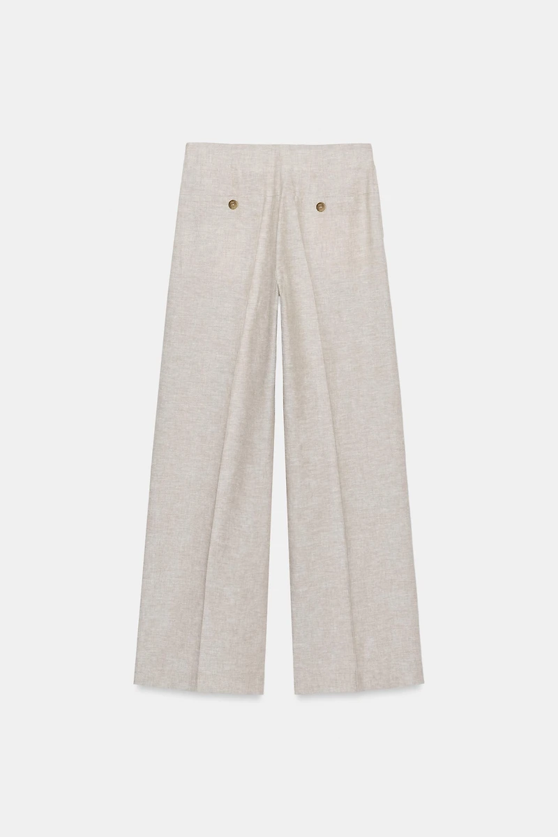 LINEN STRAIGHT FIT PLEATED PANTS