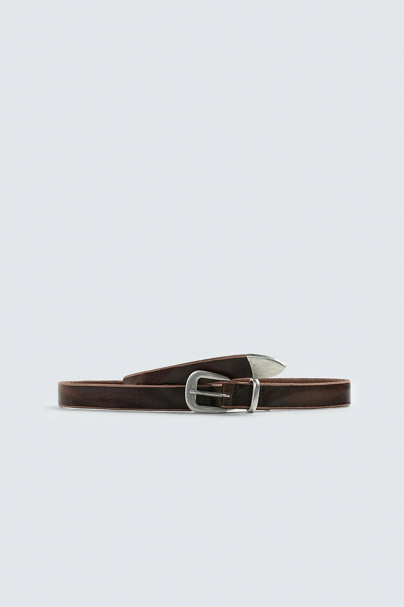 LEATHER BELT WITH METAL TIP