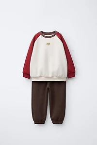 COLOR BLOCK BEAR SWEATSHIRT AND JOGGER PANTS SET