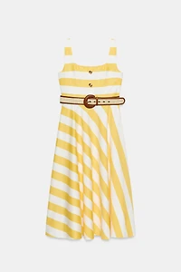 STRIPED BELTED MIDI DRESS