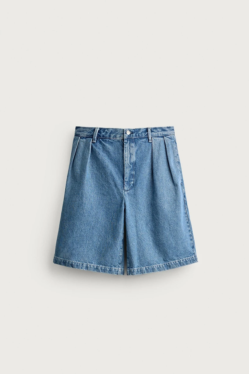 RELAXED FIT PLEATED DENIM CHINO SHORTS