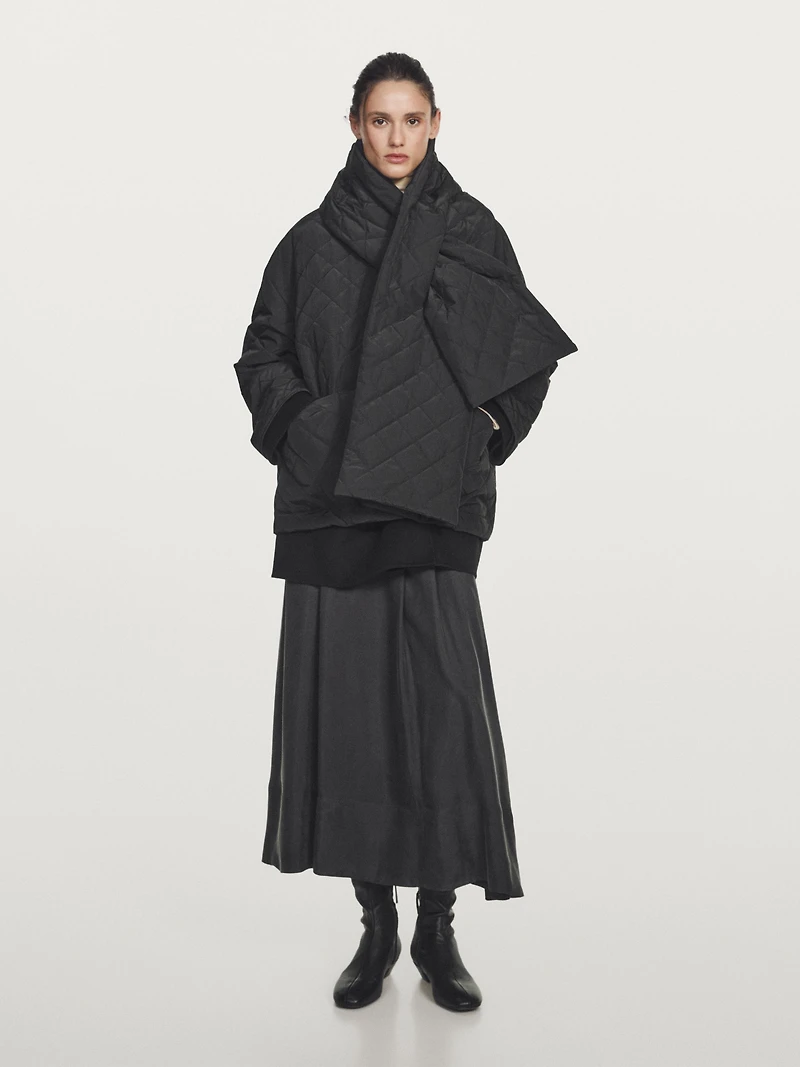 Water-repellent puffer jacket with scarf detail