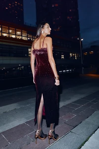 VELVET BEADED FAUX FUR MIDI DRESS