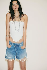 HIGH-RISE CROSS WAIST MOM FIT TRF DENIM SHORTS